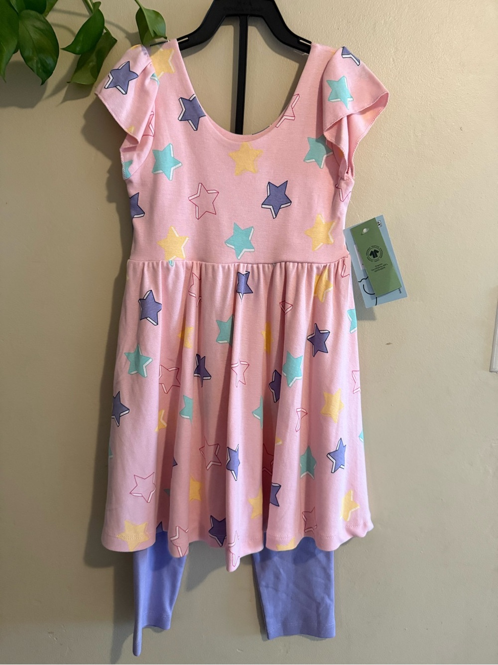 Girls Pink Star-Print Casual Dress with Lilac Leggings